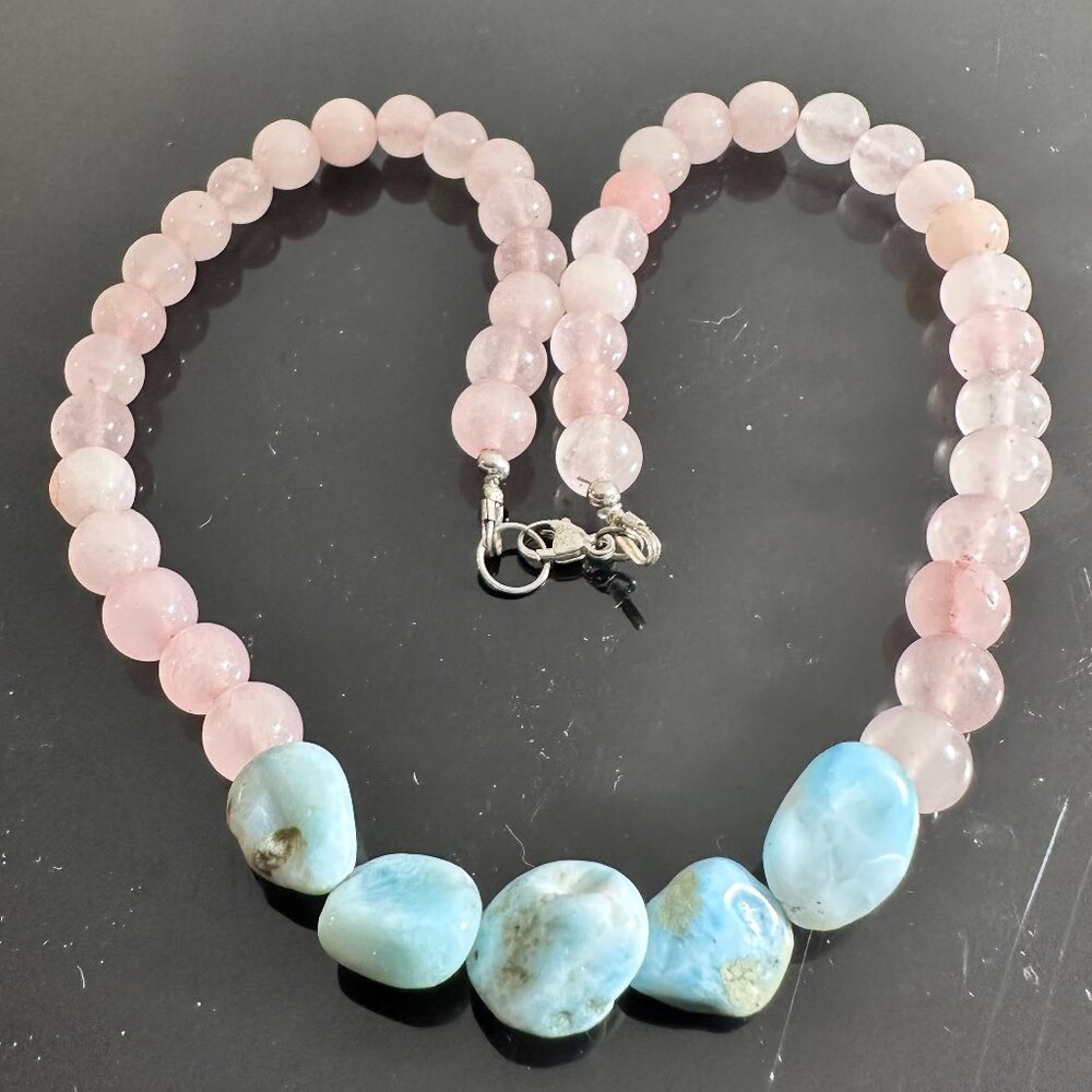 Genuine Larimar Rose Quartz Pendant Necklace Handmade Silver Choker Gift